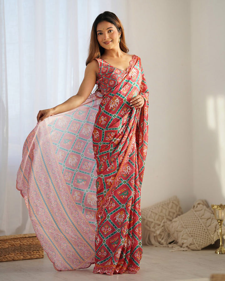 Tomato Color Chinnon Silk Saree