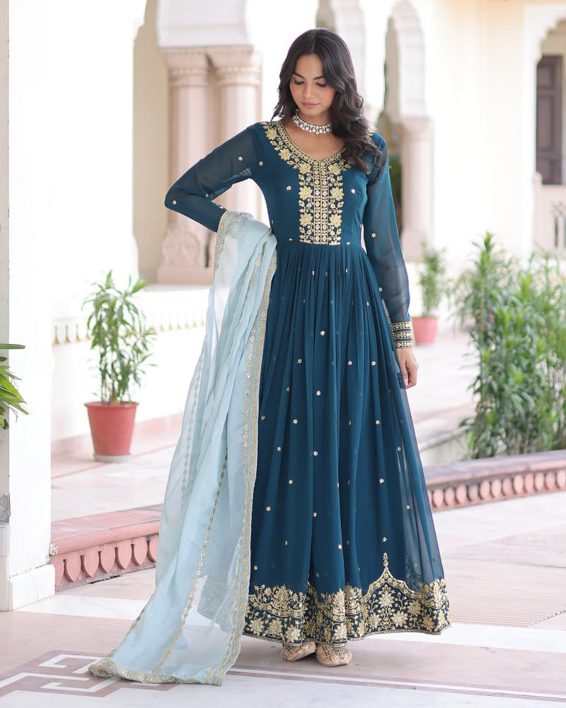 Peacock Blue Color Faux Blooming Embroidered Gown
