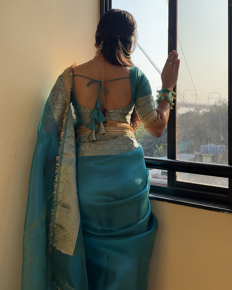 Sky Color Banarasi Tissue Silk Stone Work Saree