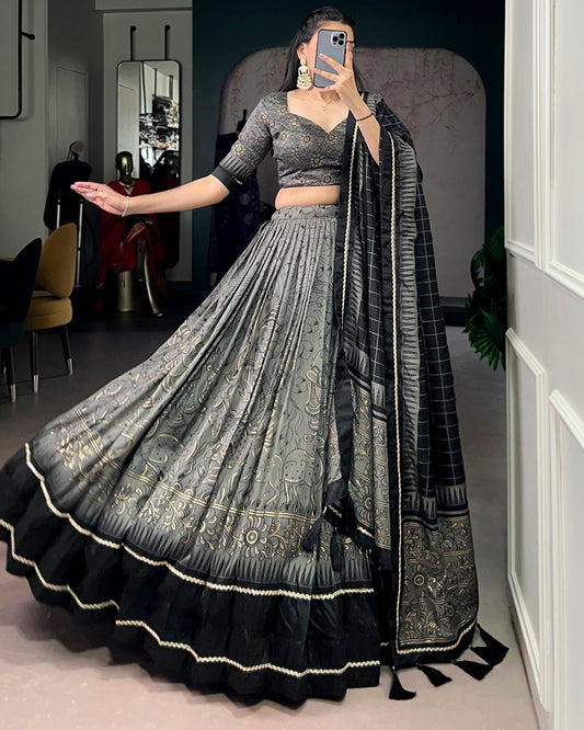 Grey Color Tasar Silk Kalamkari Printed Lehenga Choli