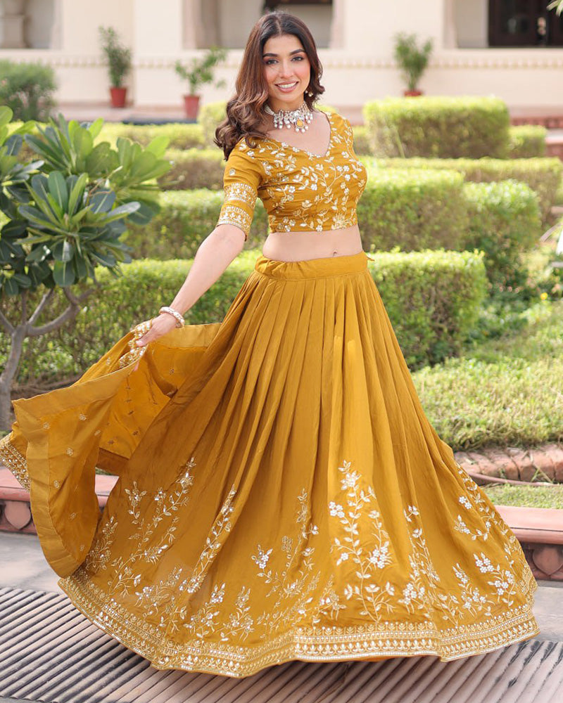 Mustard Gold Color Vichitra Silk Embroidered Lehenga Choli