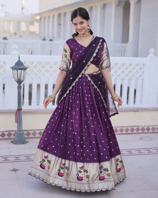 Wine Color Dola Silk Embroidered Lehenga Choli