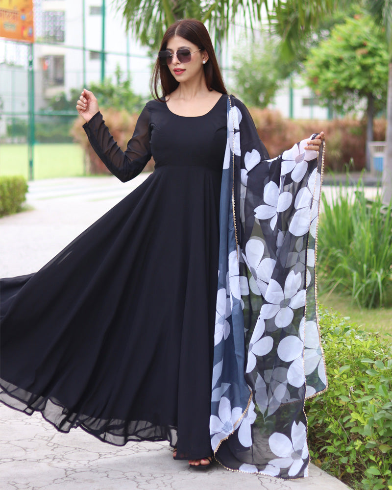 Black Color Soft Georgette Anarkali Gown With Floral Printed