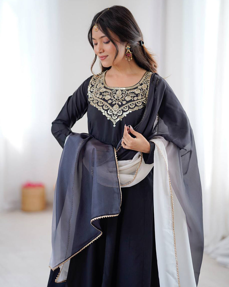 Black Color Soft French Crape Embroidered Anarkali Suit