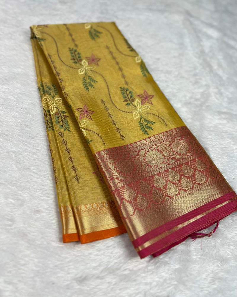 Yellow Color Tissue Silk Floral Embroidered Saree
