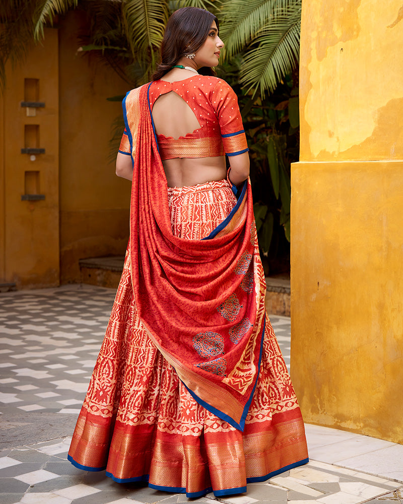 Rust Orange Color Dola Silk Batik Printed Lehenga Choli