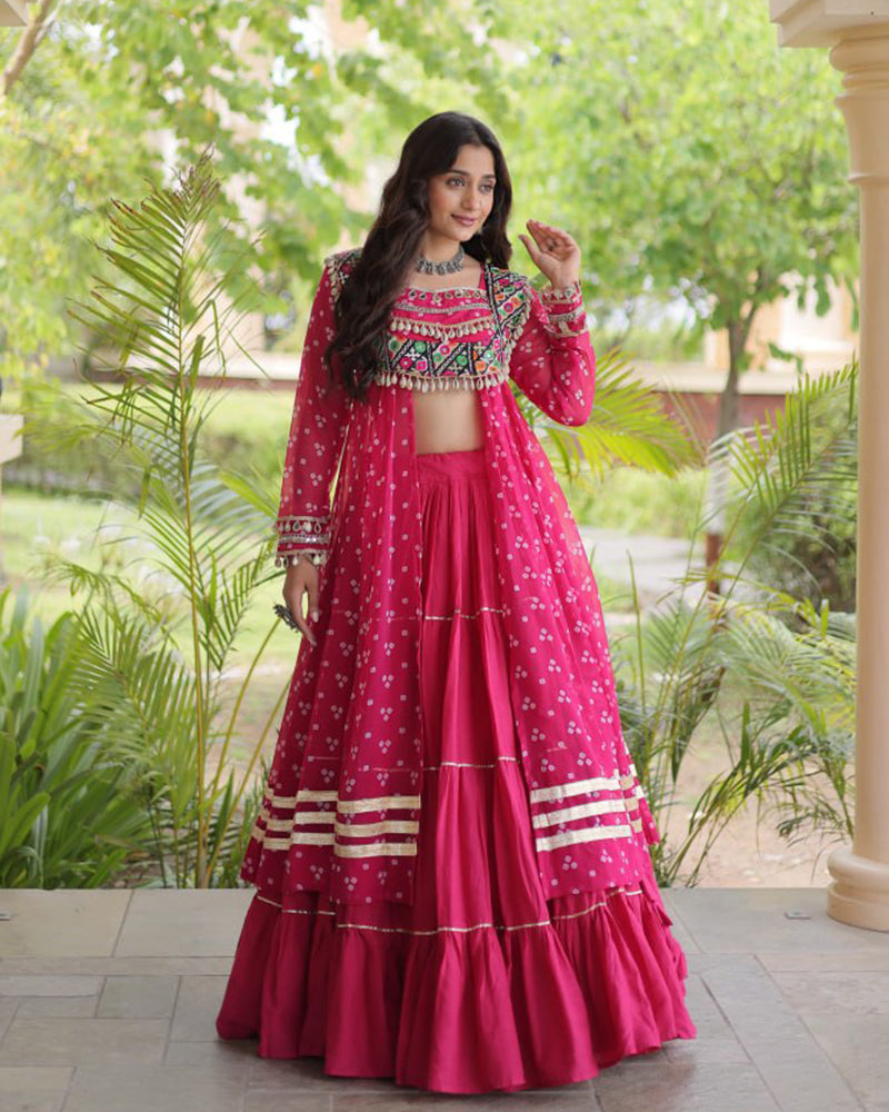 Pink Color Bandhani Printed Kurti With Kora Cotton Lehenga Choli