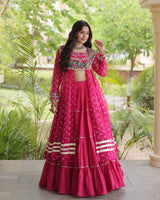 Pink Color Bandhani Printed Kurti With Kora Cotton Lehenga Choli