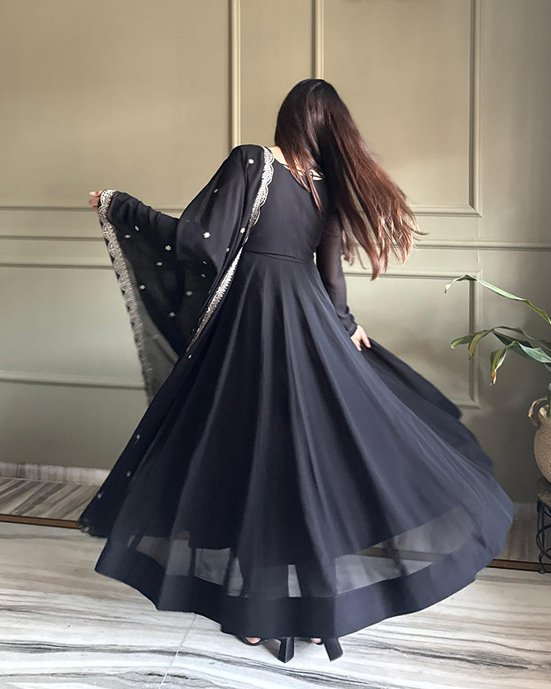 Black Color Faux Georgette Embroidered Anarkali Suit