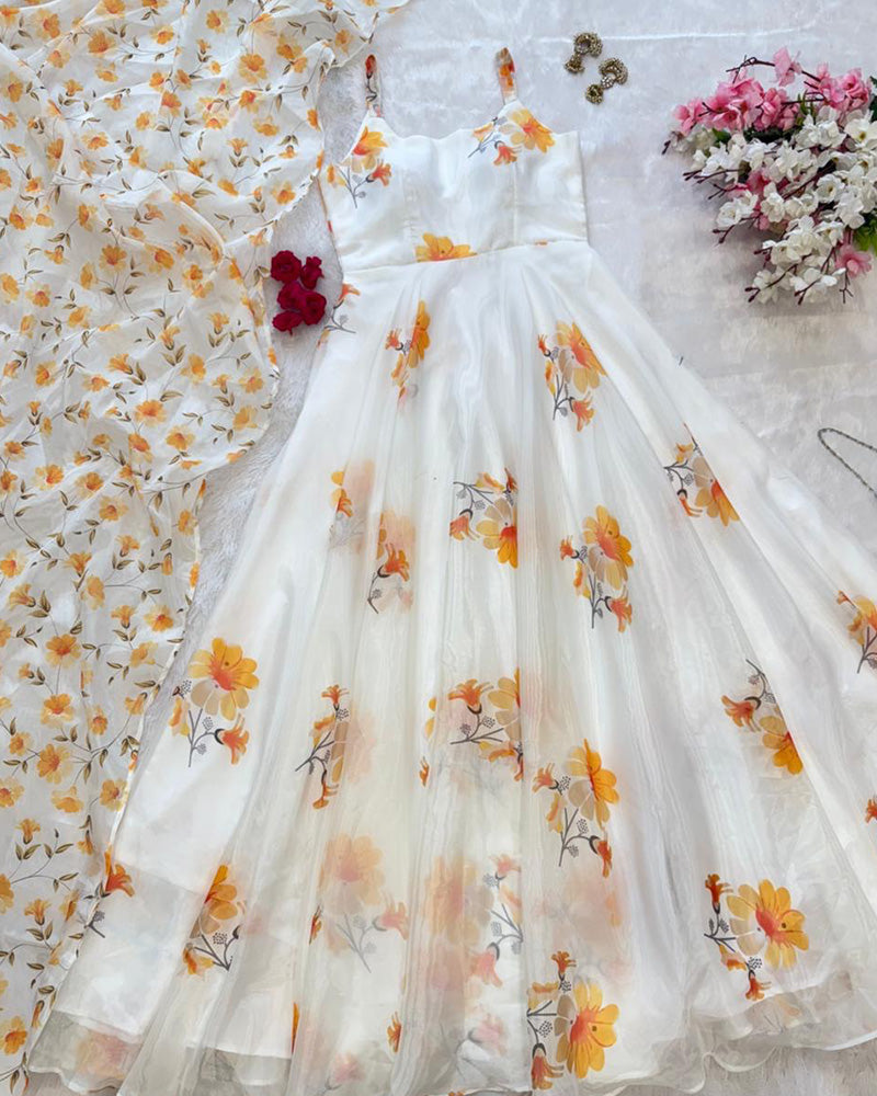 White Color Digital Printed Soft Organza Gown