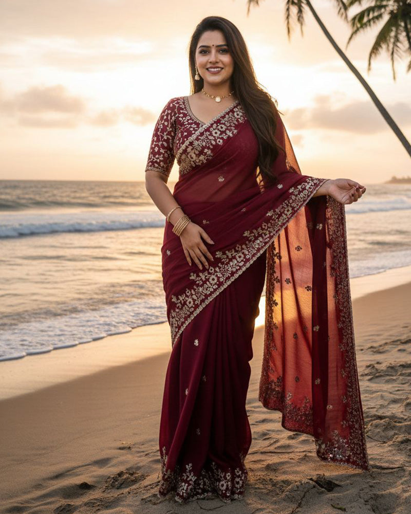 Luvender Color Fendi Chiffon Sequence Embroidered Saree