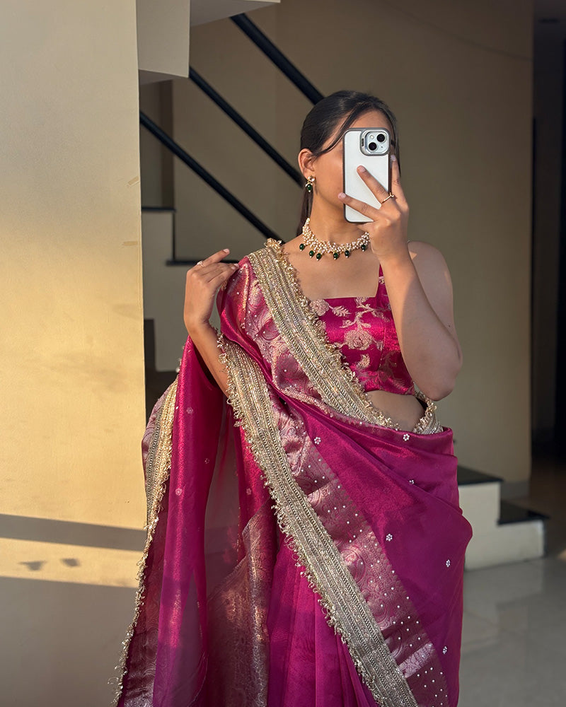 Rani Pink Color Soft Banarasi Silk Gold Stone Work Saree