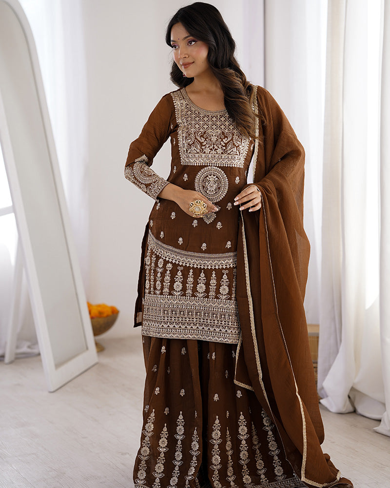 Brown Color Pure Soft Crunchy Silk Sharara Suit
