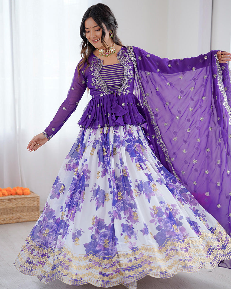 Purple Color Georgette Printed And Embroidered Lehenga Choli