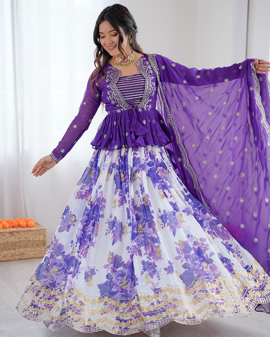 Purple Color Georgette Printed And Embroidered Lehenga Choli