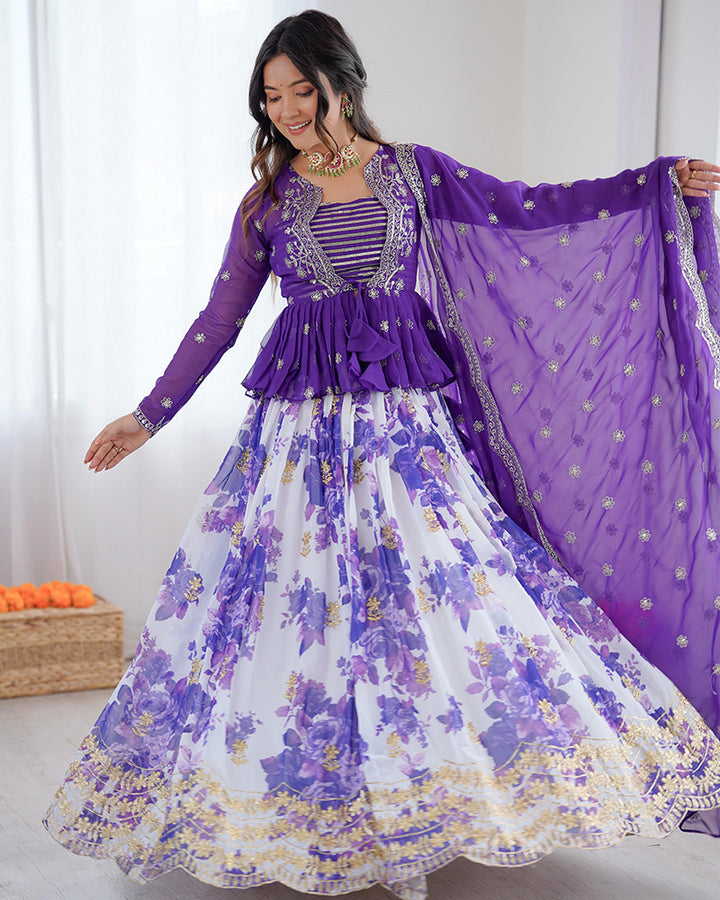 Purple Color Georgette Printed And Embroidered Lehenga Choli
