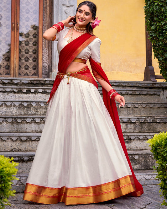 Designer White Color Poly Cotton Half Saree