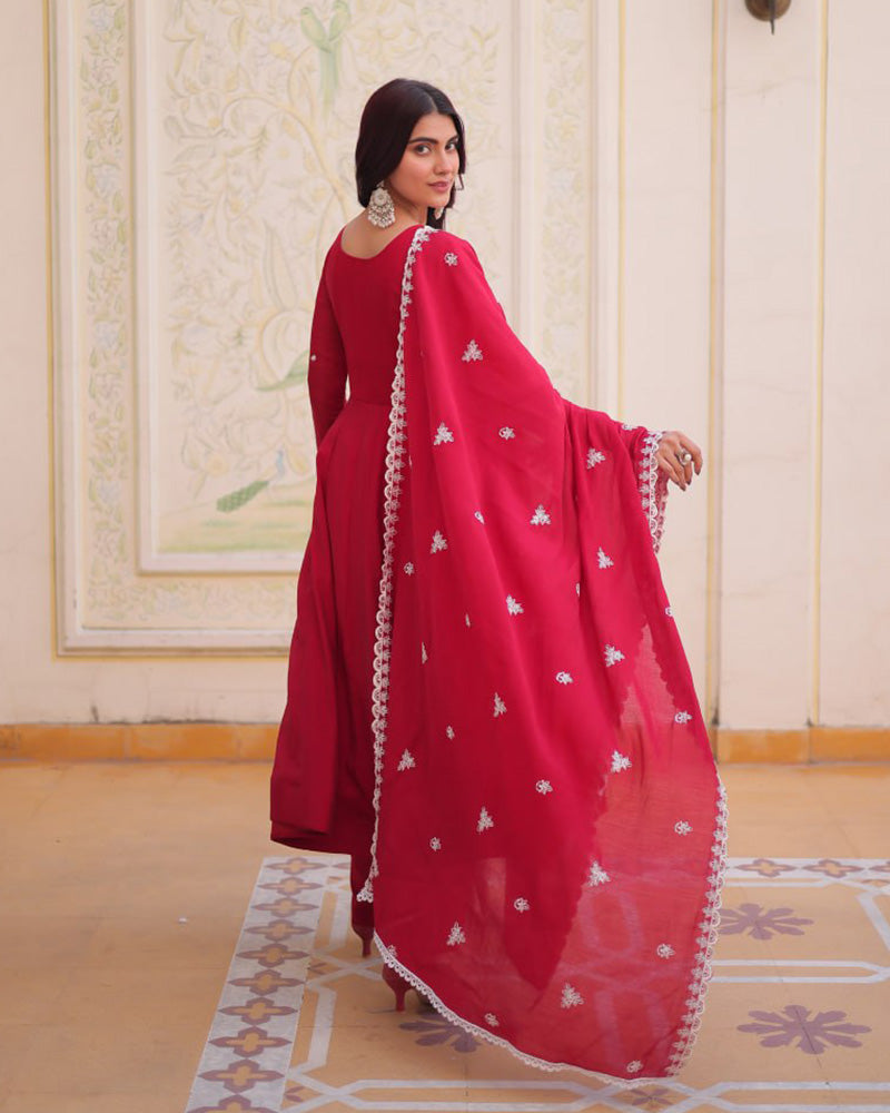Royal Red Color Mal Chanderi Cotton Anarkali Suit