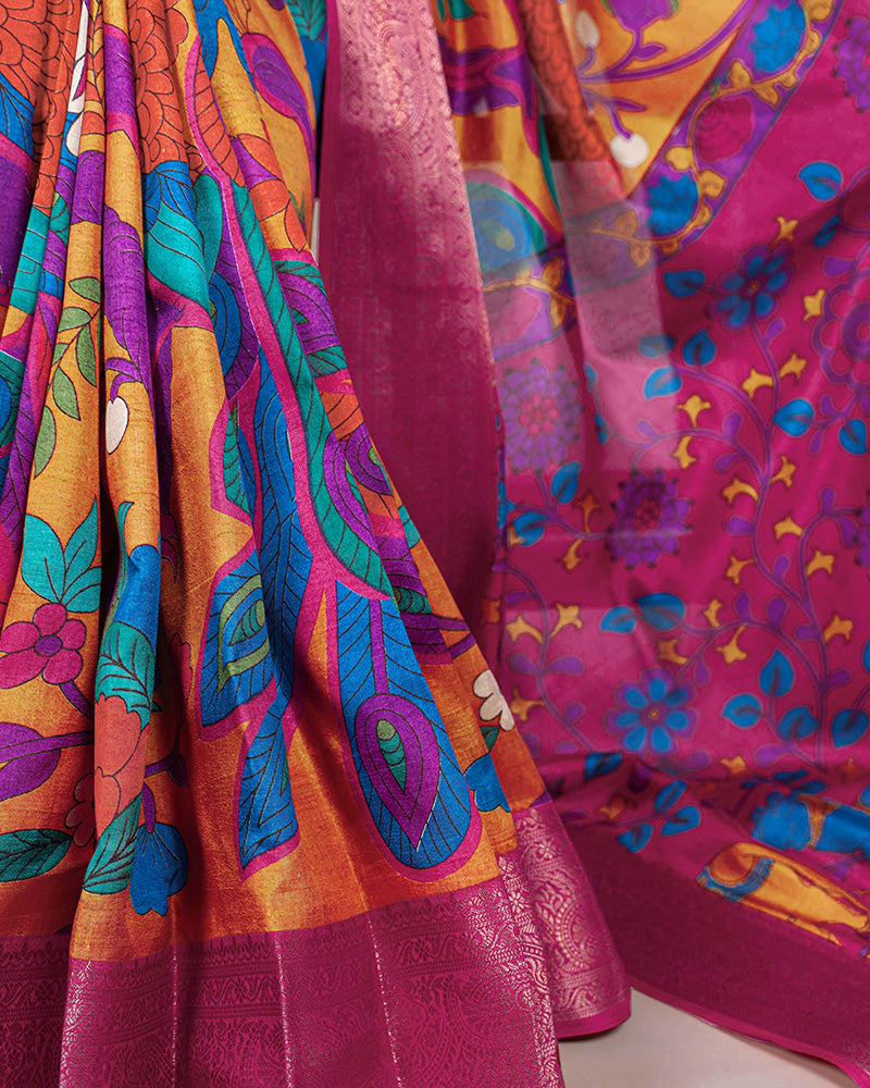 Mustard Color Tasar Silk Ethnic Printed Saree