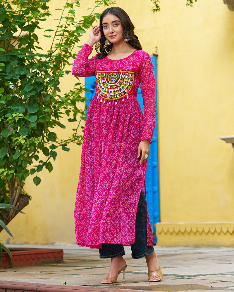 Festive Pink Georgette Printed Kurti With Gamthi Patchwork