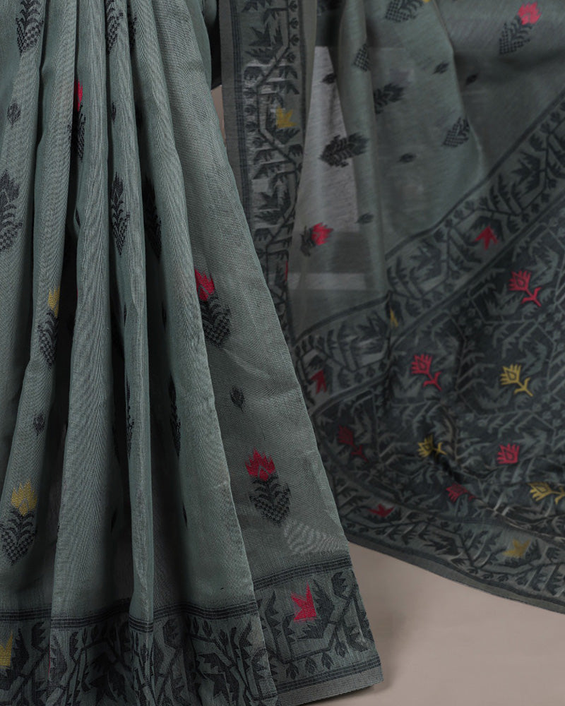 Dark Firozi Color Thread Weaving Poly Cotton Saree