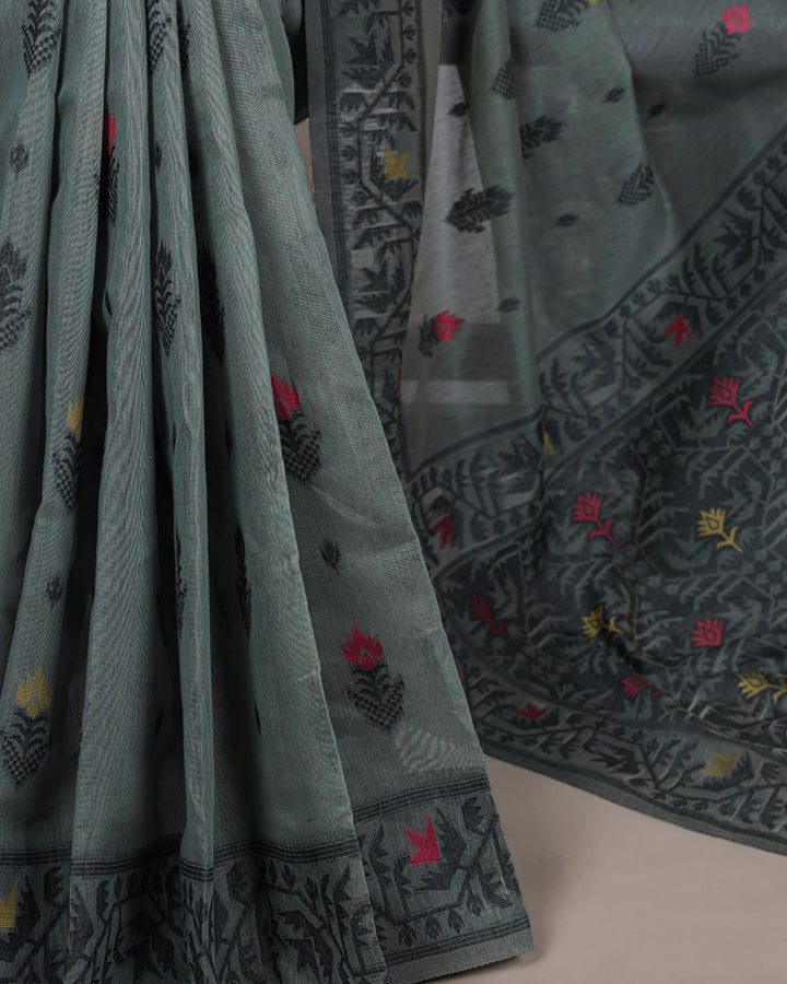 Dark Firozi Color Thread Weaving Poly Cotton Saree