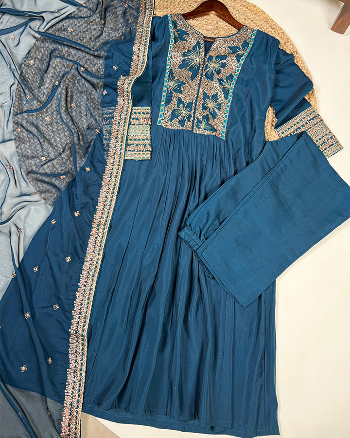 Teal Green Color Roman Silk Three Piece Kurti Suit