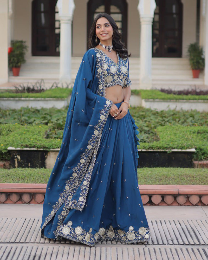 Peacock Blue Color Vichitra Silk Thread Embroidered Lehenga Choli