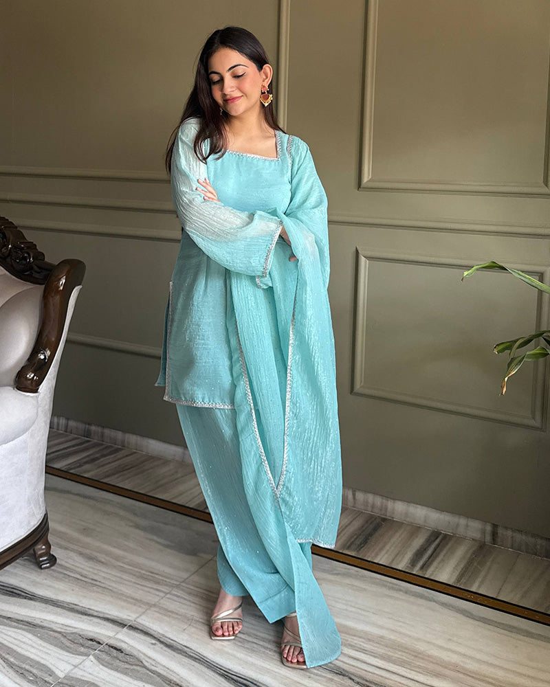 Sky Blue Color Crunchy Silk Farshi Suit