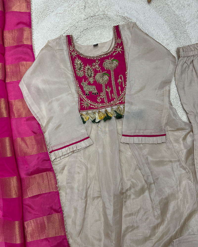 Cream Color Soft Organza Three Piece Kurti Suit