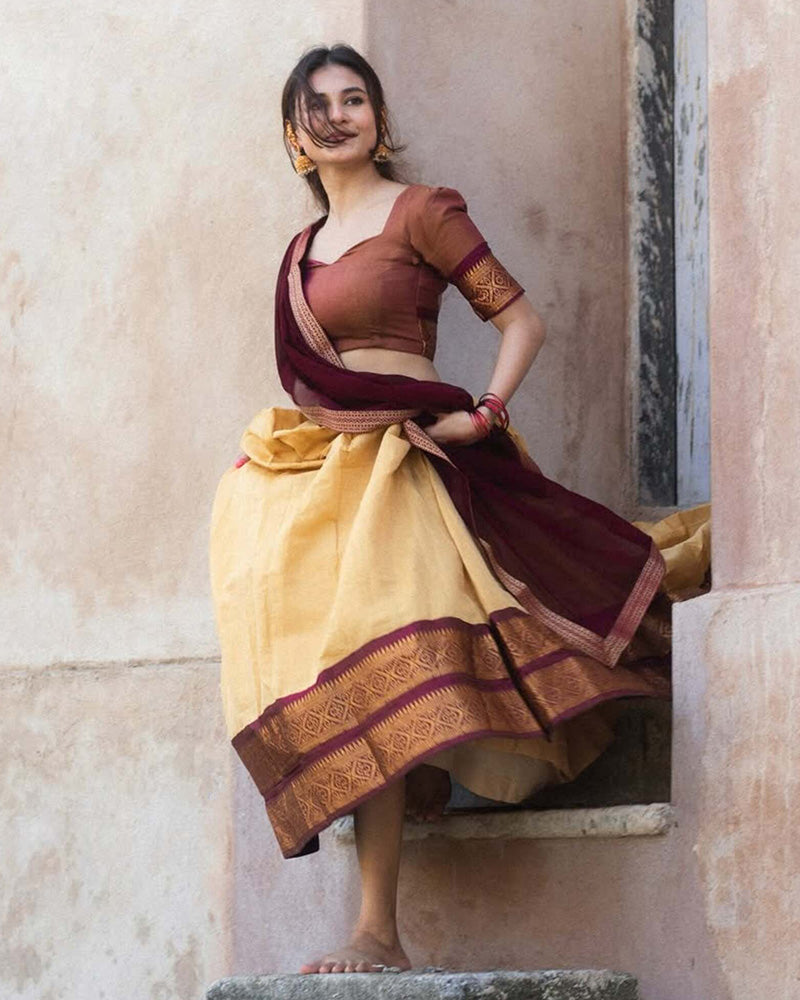 Aayushi Verma In Cream Color Kanchipuram Silk Designer Half Saree