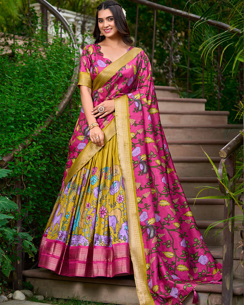 Mustard Color Dola Silk Designer Kalamkari Print Lehenga Choli