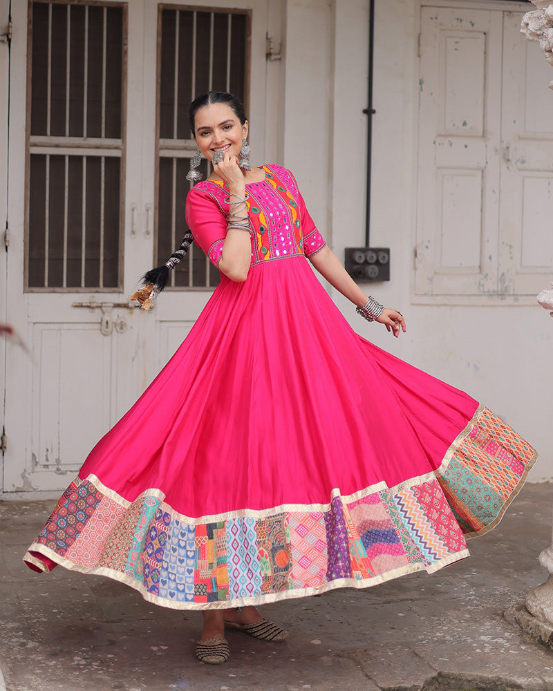 Colorful Border Pink Color Roman Silk Gamthi Work Navratri Gown