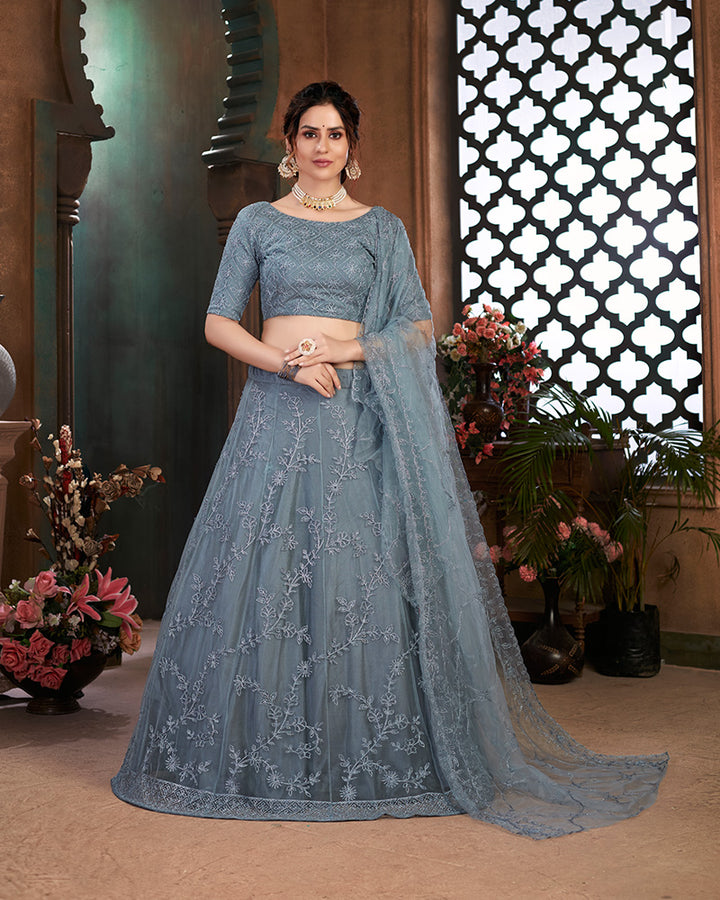 Grey Color Thread Embroidered Net Semi Stitched Lehenga Choli