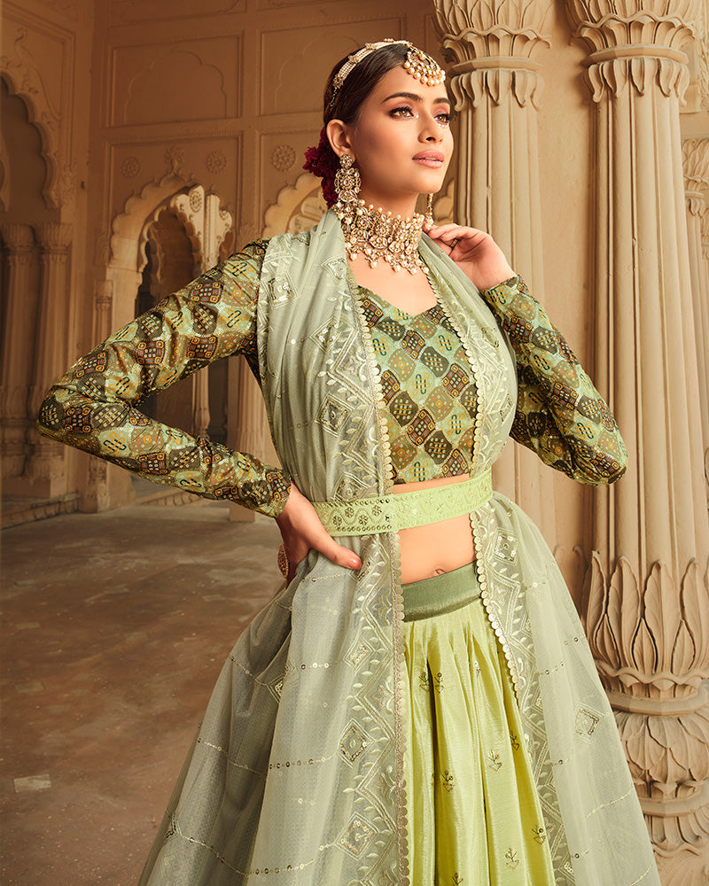 Designer Pista to Mehndi Color Silk Embroidered Lehenga Choli