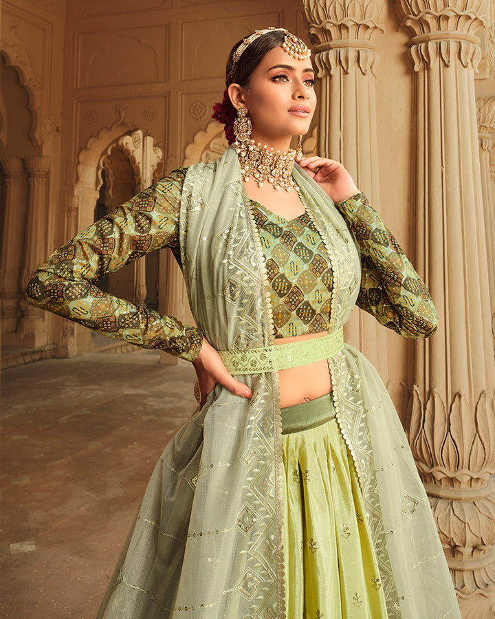 Designer Pista to Mehndi Color Silk Embroidered Lehenga Choli