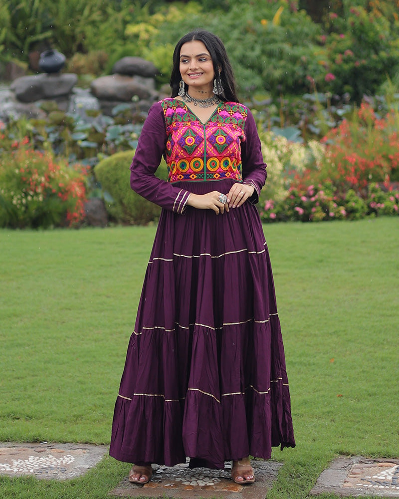 Traditional Wine Kutchi Embroidered Navratri Gown