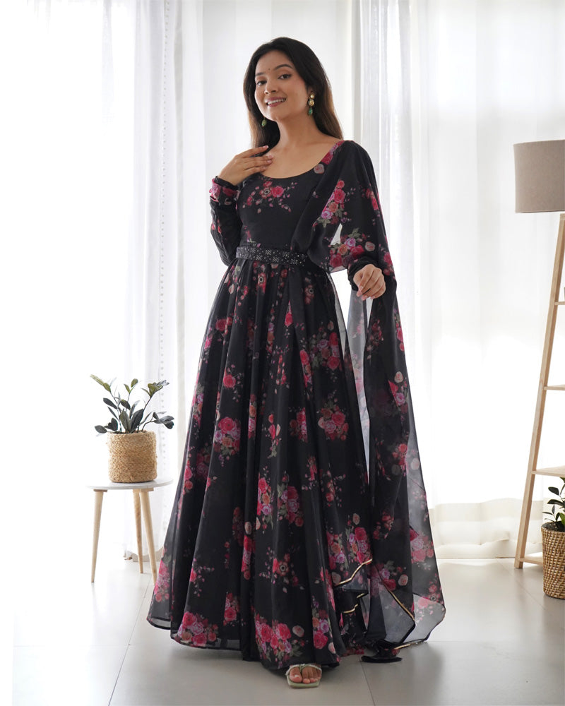 Black Color Floral Print Soft Organza Silk Kali Cut Anarkali Suit