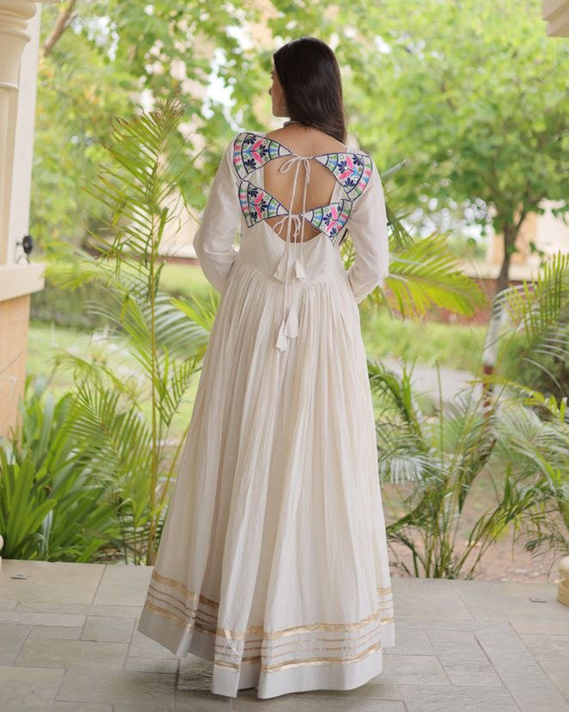 Two Color Elegant Kora Cotton with Multi Thread Embroidered Navratri Gown