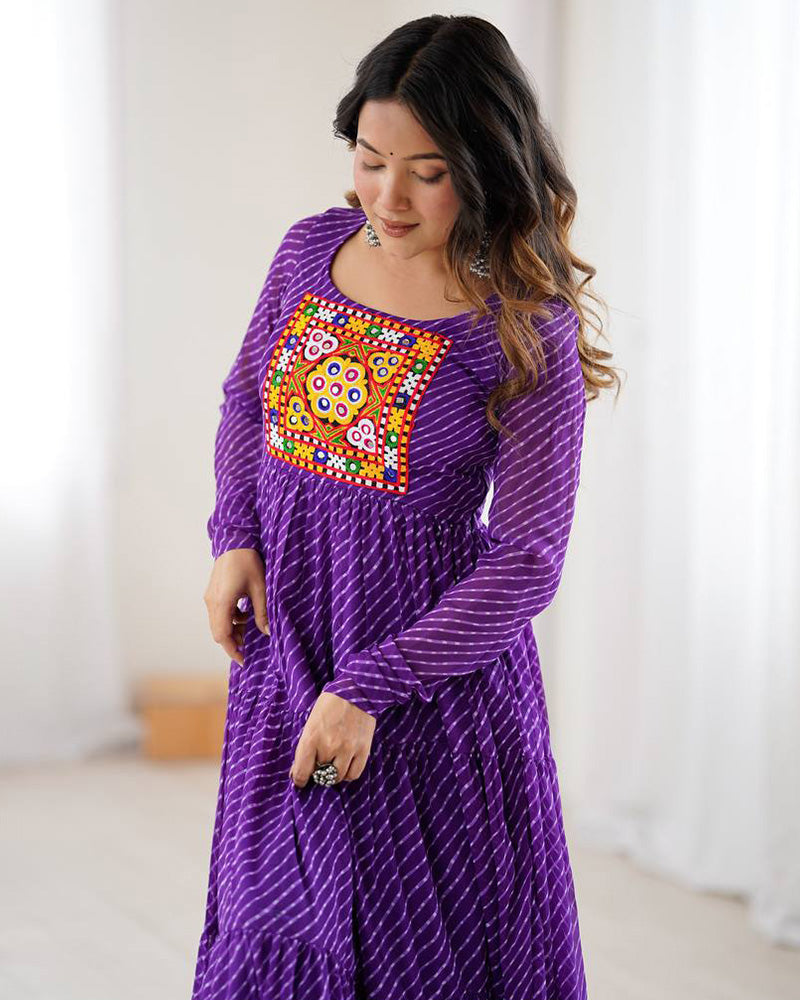 purple Color Georgette Laheriya Print Navratri Gown