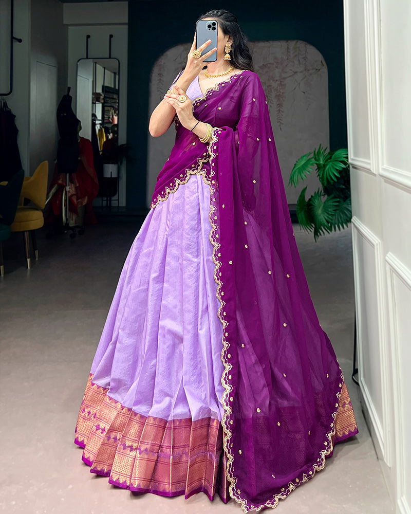 Luvender Color Cotton Silk Designer Half Saree