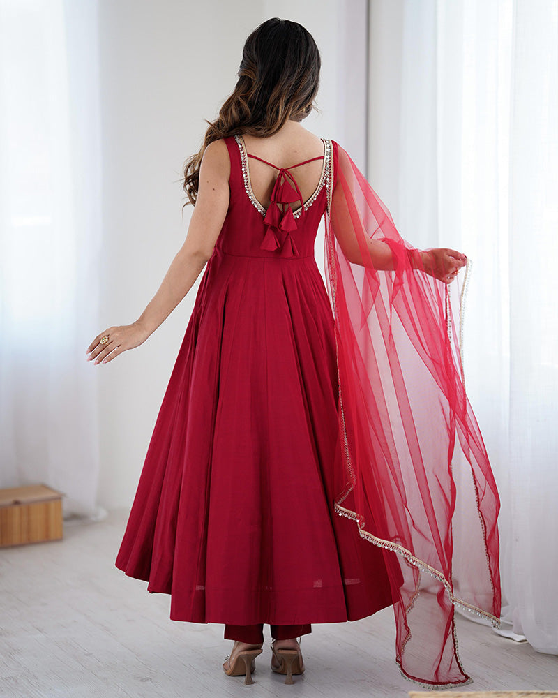 Maroon Color Chanderi Pure Roman Silk Anarkali Suit