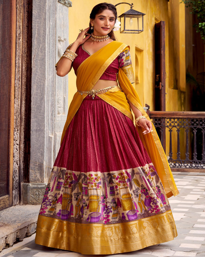 Red Color Poly Chanderi Printed Half Saree