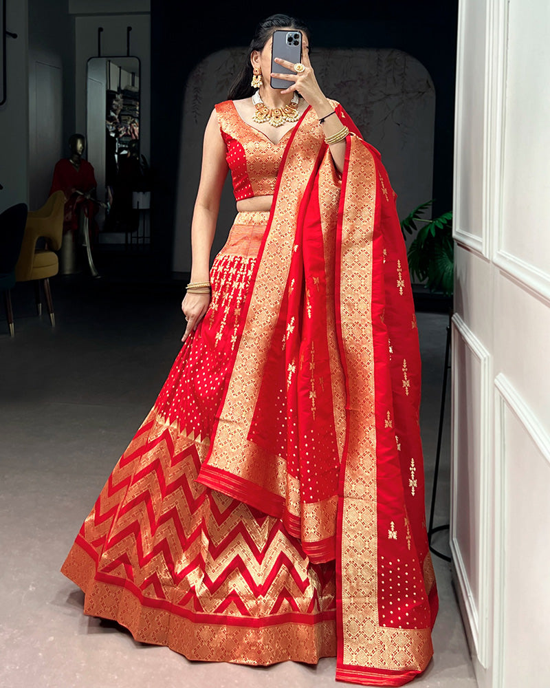 Red Color Banarasi Silk Zari Weaving Lehenga Choli