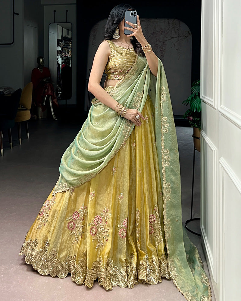 Yellow Color Moss Silk Embroidered Lehenga Choli