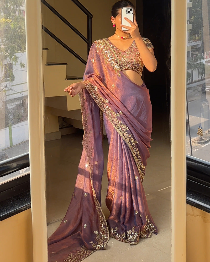 Luvender Color Fendi Chiffon Sequence Embroidered Saree