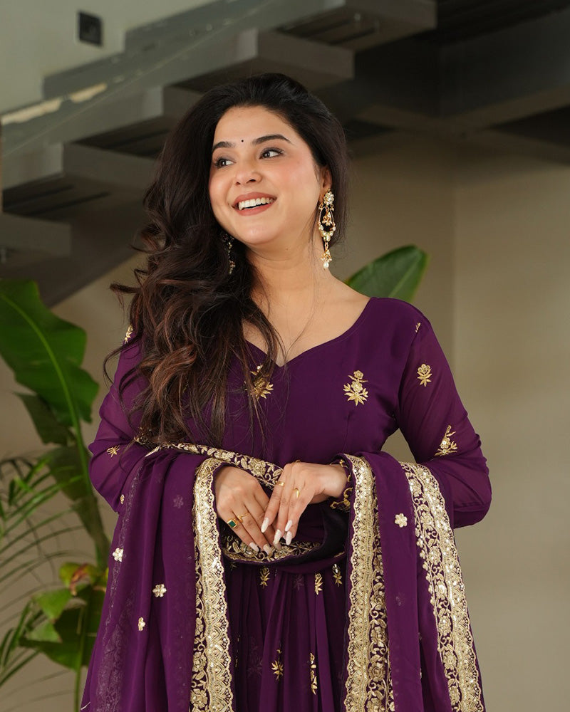 Purple Color Designer Blooming Embroidered Gown