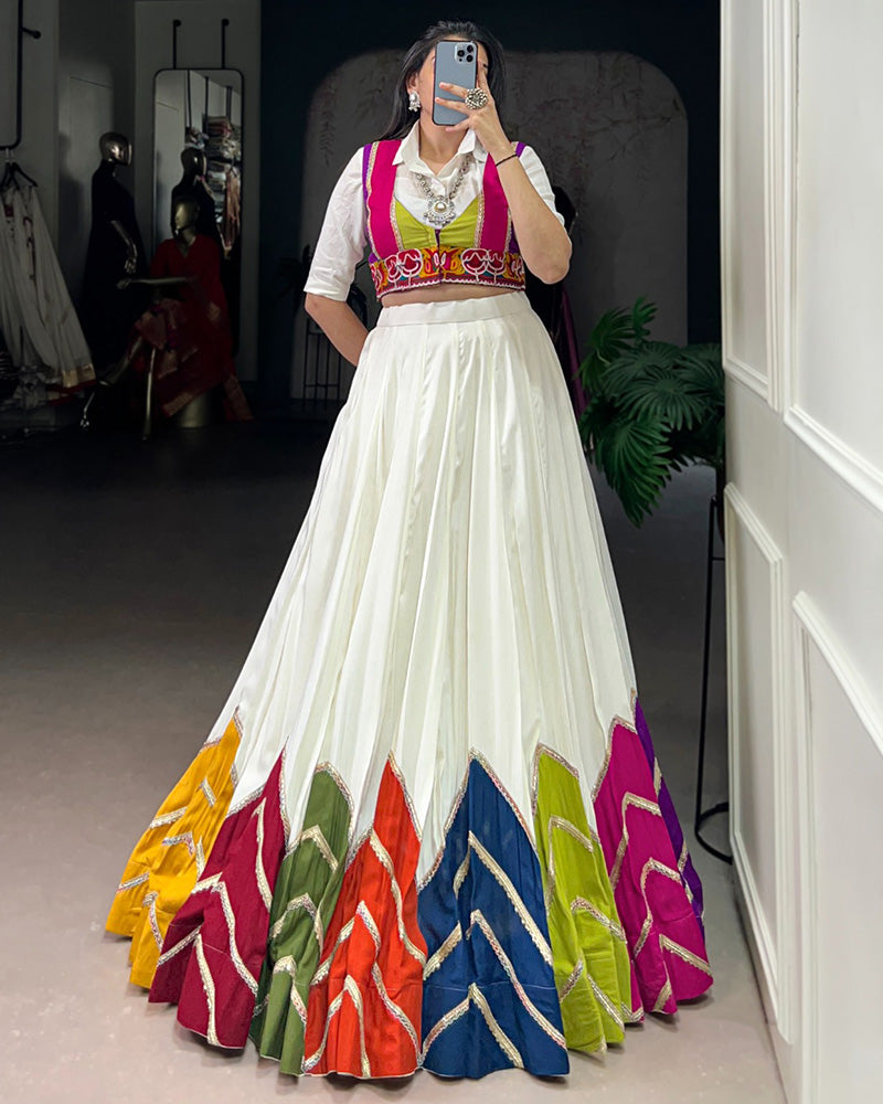 White Rayon Navratri Lehenga Choli WIth Multicolor Border