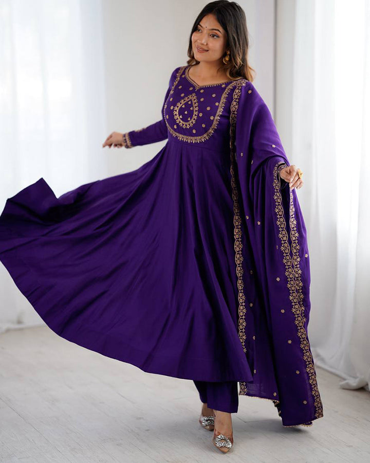 Purple Color Chanderi Silk Three Piece Anarkali Suit
