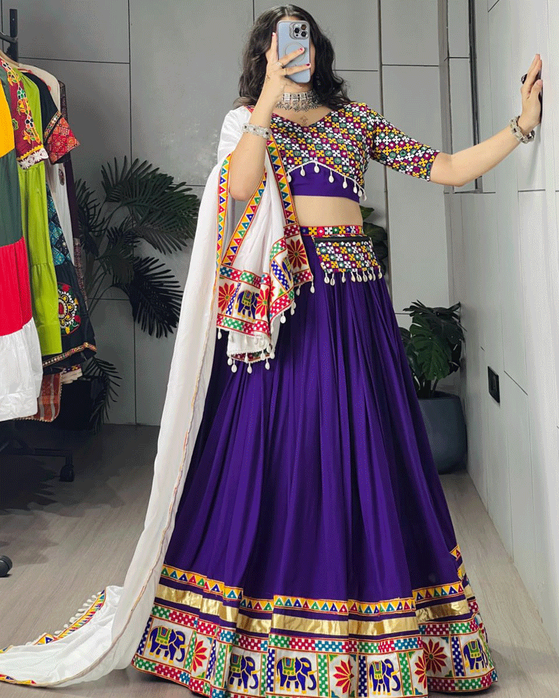 Purple And White Color Rayon Cotton Navratri Lehenga Choli